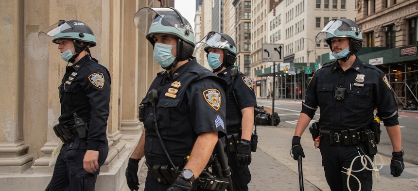NYPD officers in riot gear responding to a protest on June 3, 2020.