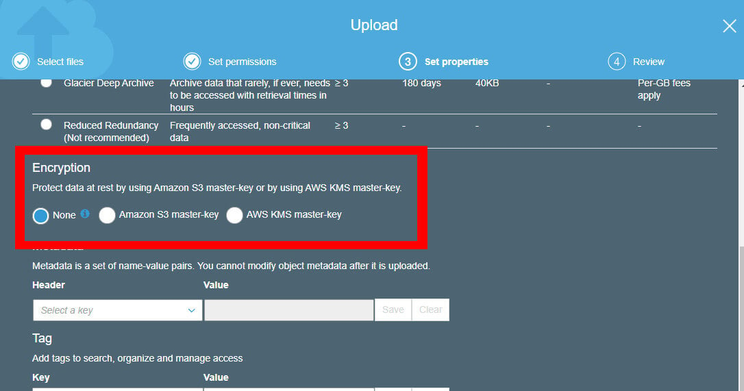 Enable S3 object encryption on the “Set properties” section of the upload wizard in S3.