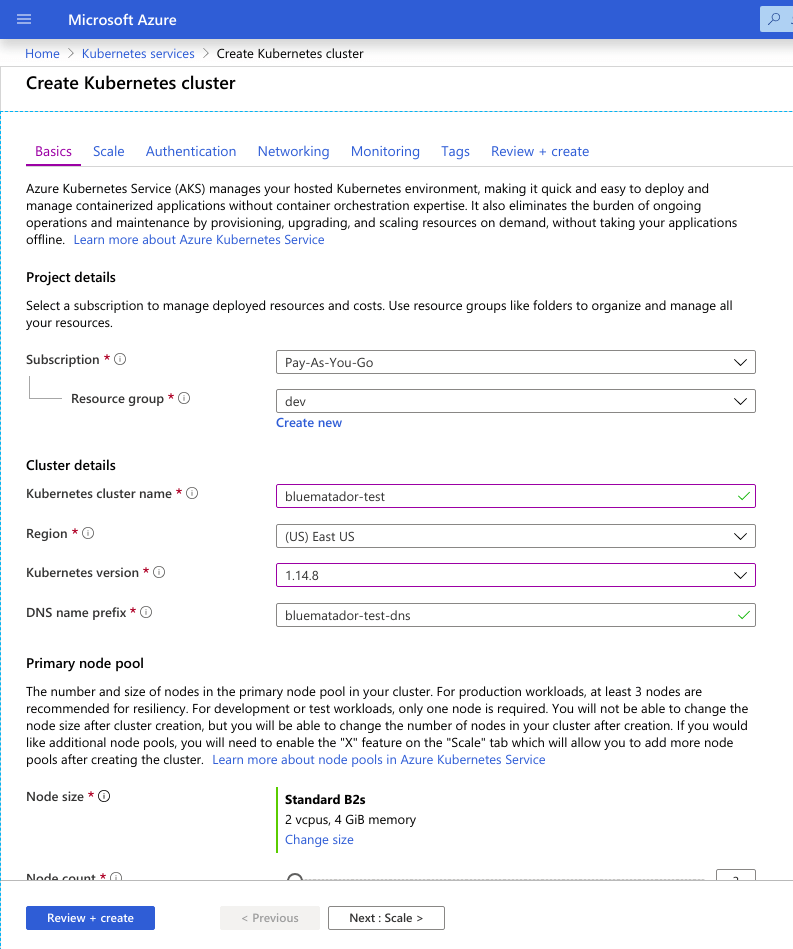 Setting basic information for your Azure Kubernetes cluster