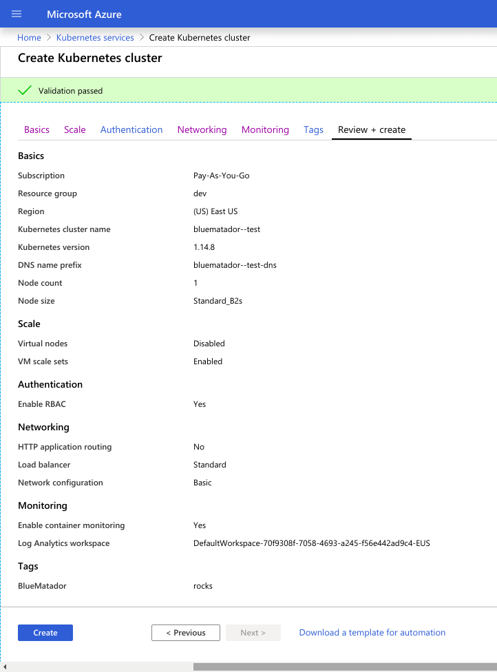 Review and save your AKS cluster