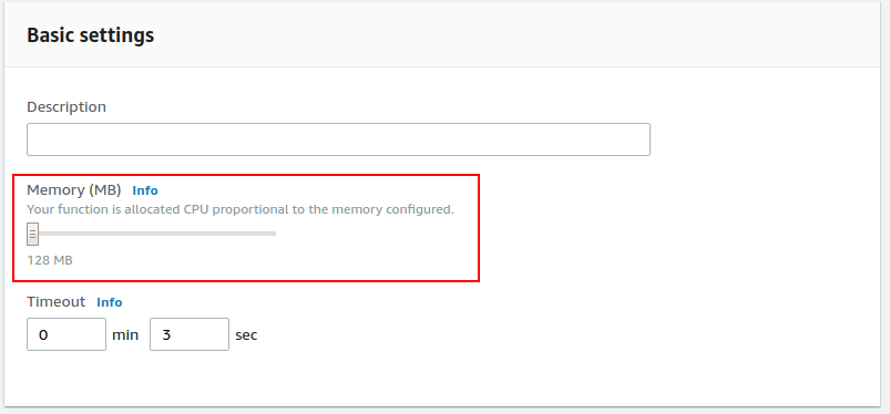 Increase your function’s memory allocation from the Basic settings card in the Lambda interface