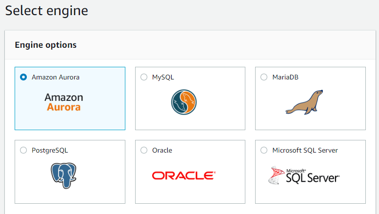 Screenshot of RDS database engine options, taken from the AWS console