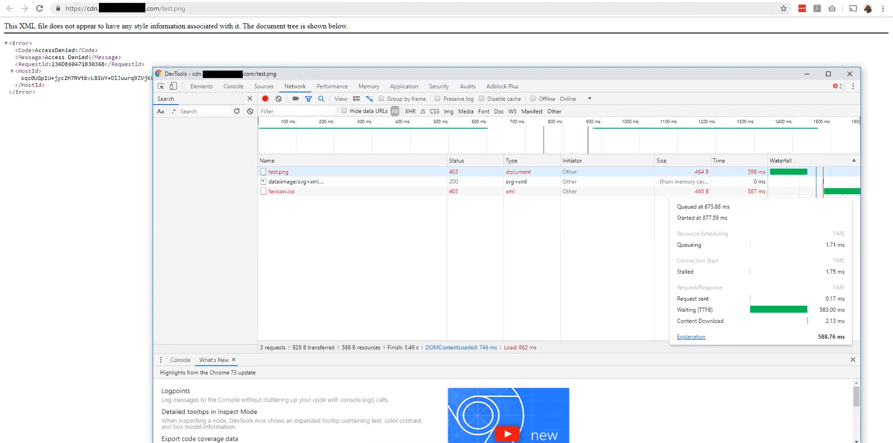 Chrome console for the error document